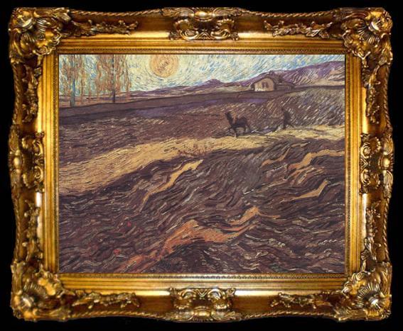 framed  Vincent Van Gogh Enclosed Field with Ploughman (nn04), ta009-2